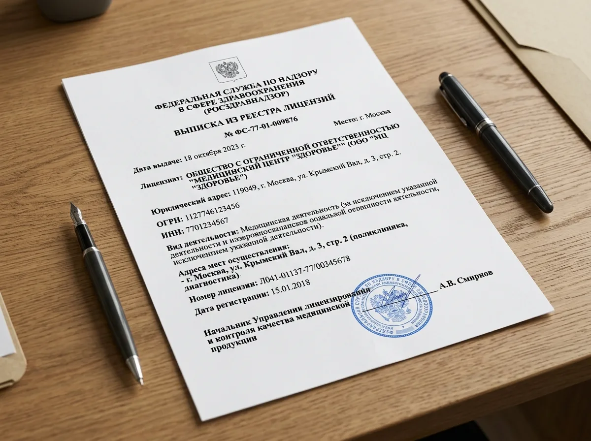 Выписка из реестра лицензий медицинской организации — официальный документ с печатью и подписью, формат А4