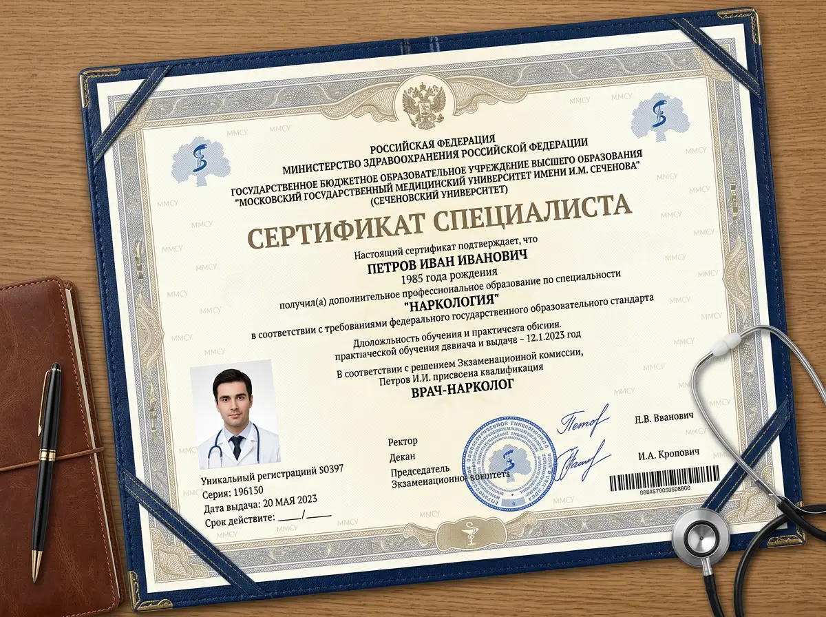 Сертификат специалиста врача-нарколога — документ об образовании и специализации, официальный бланк медицинского ВУЗа