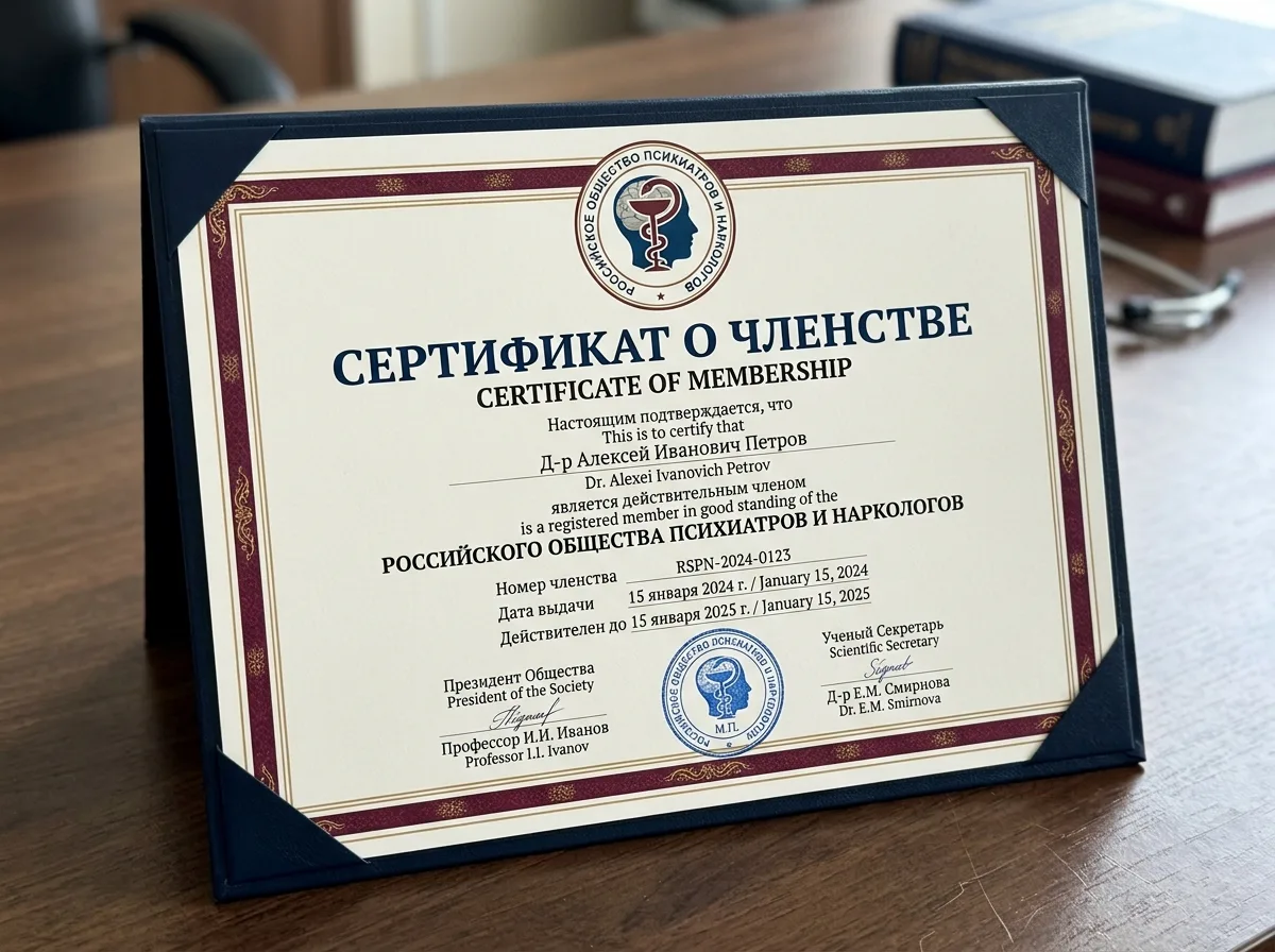 Свидетельство о членстве в Российском обществе психиатров и наркологов — официальный документ профессиональной ассоциации